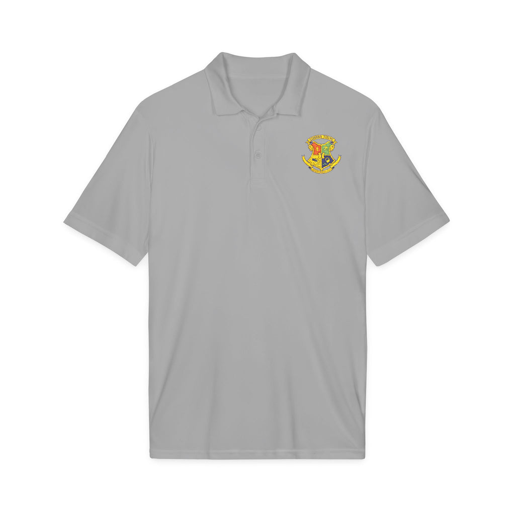 Embroidered Crest Polo Shirt — White Performance Sport Polo with Colorful Shield Logo
