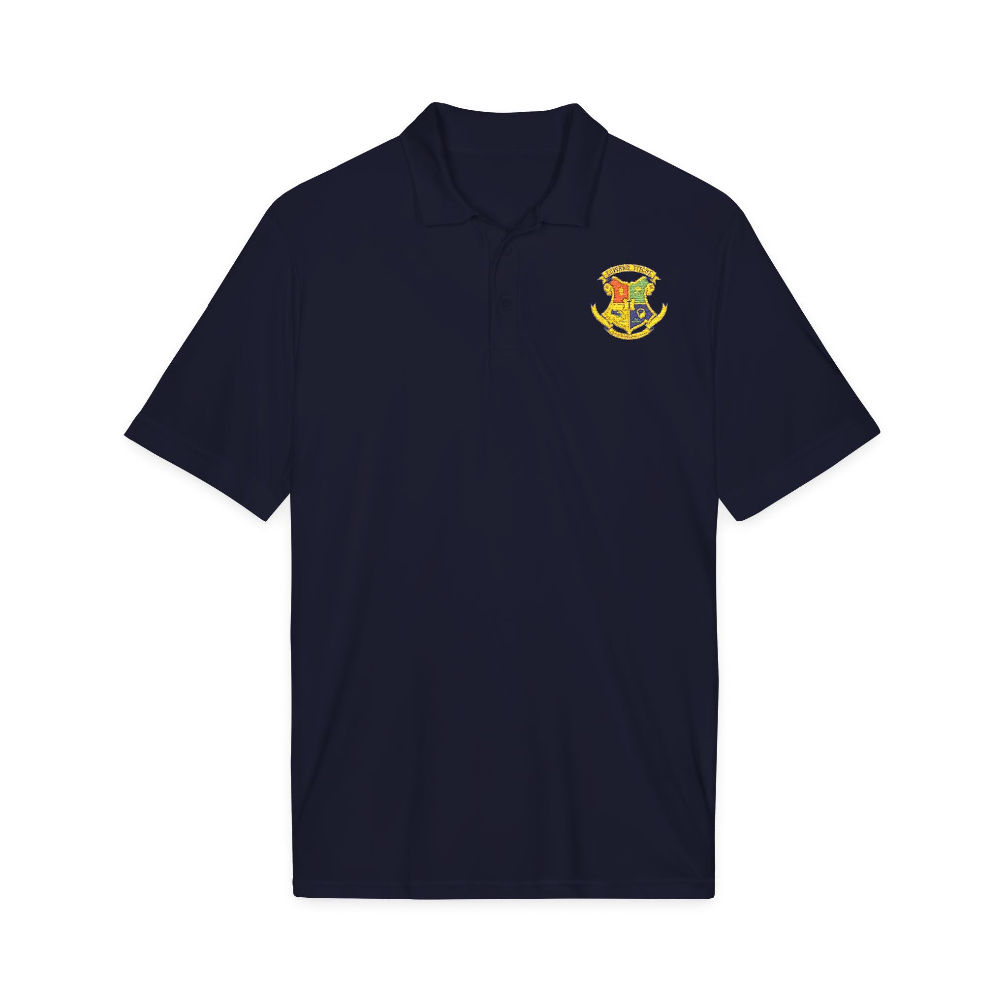 Embroidered Crest Polo Shirt — White Performance Sport Polo with Colorful Shield Logo