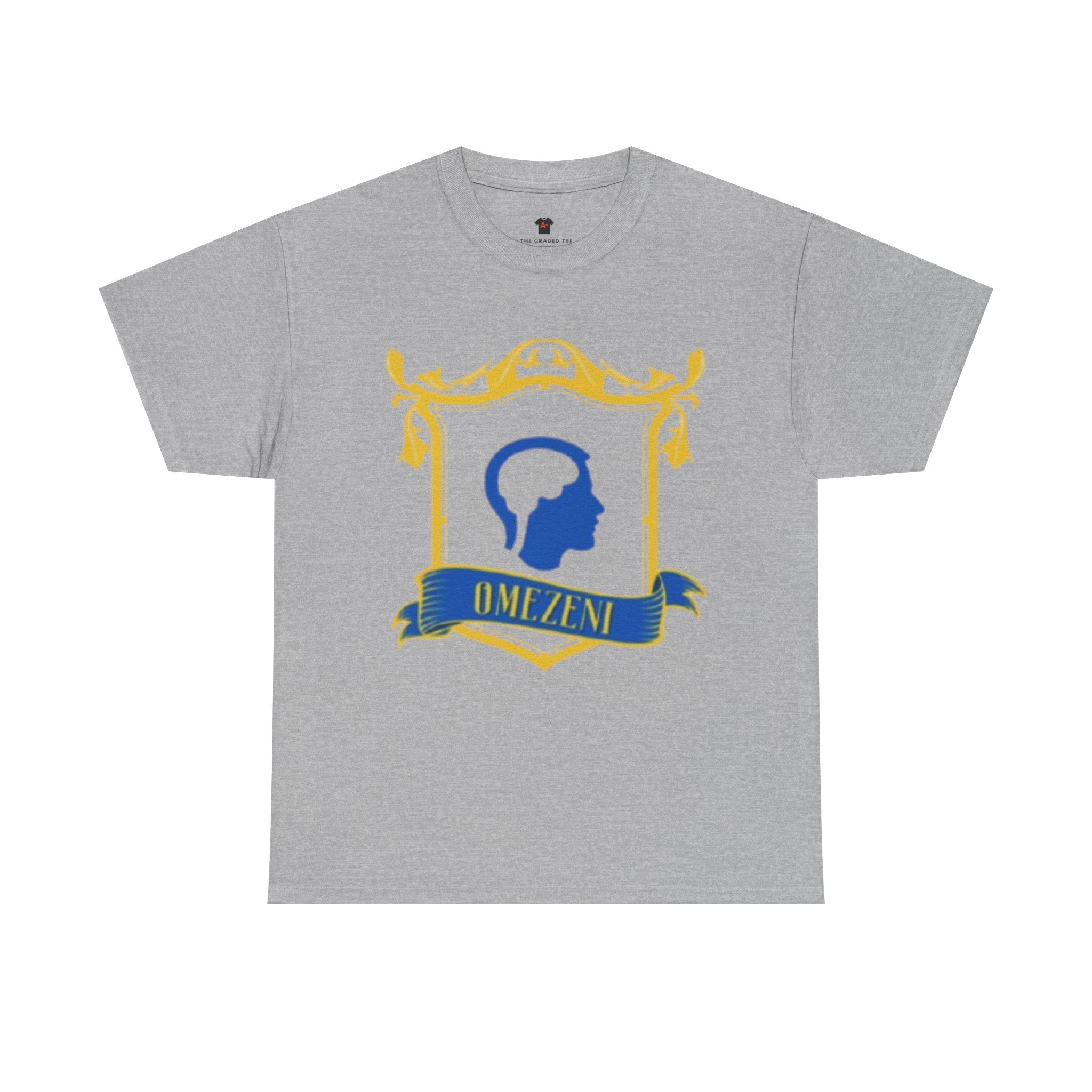 Crested 'OMIZENI' Profile Tee — Academic Crest Graphic T-Shirt